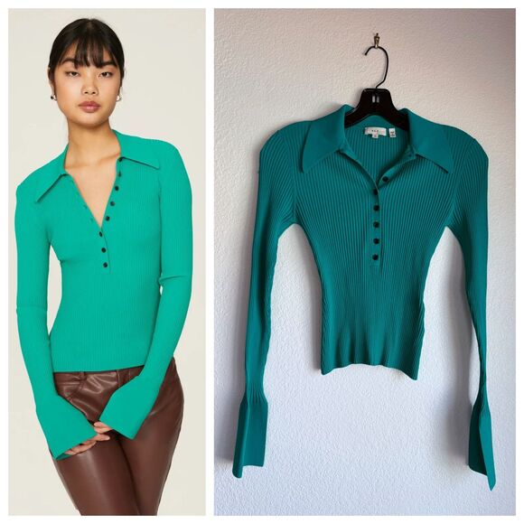 A.L.C. Eleanor Bell Sleeve Ribbed Polo-Style Top in Bright Teal Green Size XS - Picture 1 of 16